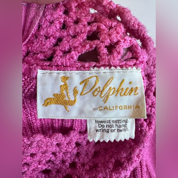 Vintage 70s Dolphin California Hand Knit Pink Maxi Gown Dress w/ Slit - Picture 13 of 14